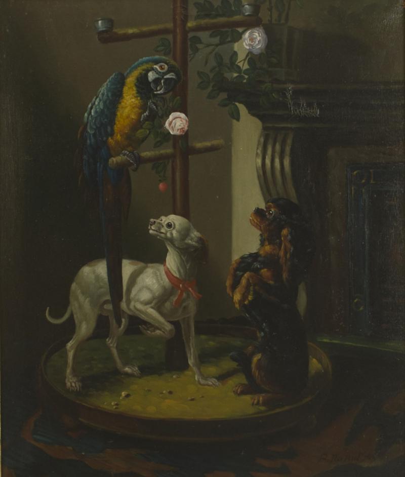 French Victorian Dogs and Parrot Oil Painting