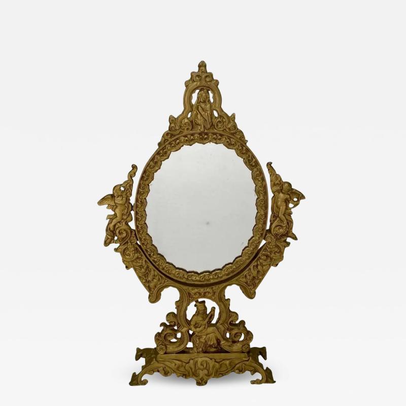 French Victorian Gilt Bronze Vanity Oval Table Mirror with Cherubs