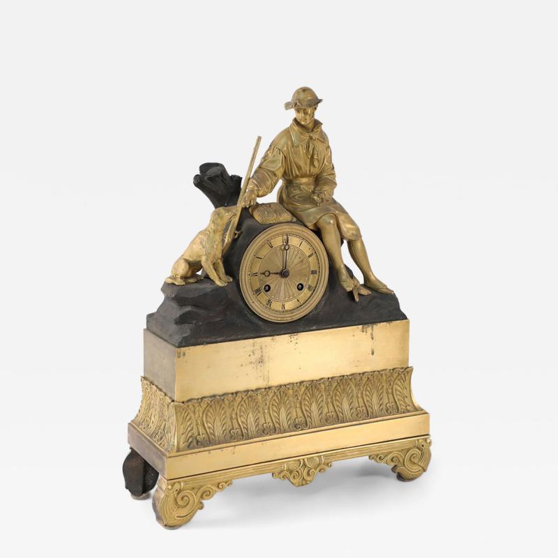 French Victorian Gilt Broze Hunter and Dog Mantel Clock