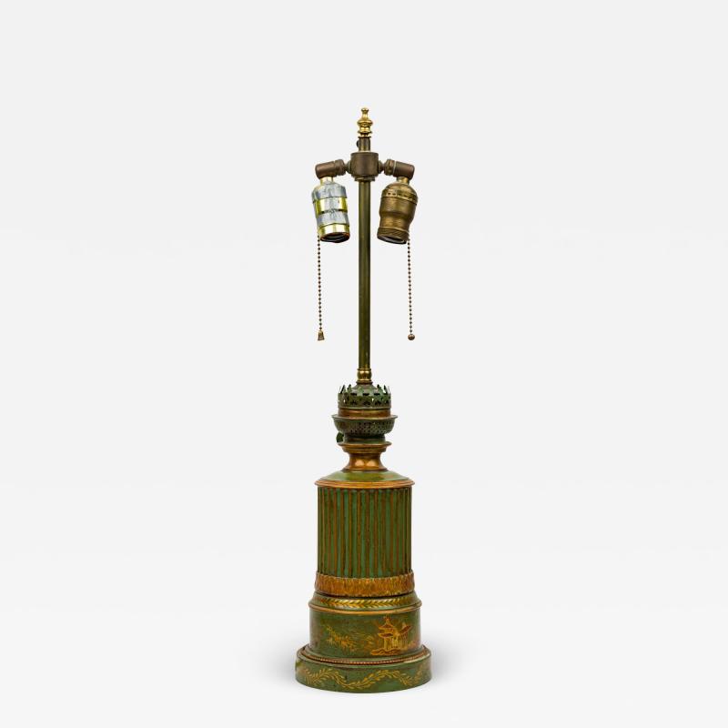 French Victorian Green And Gold Tole And Brass Table Lamp