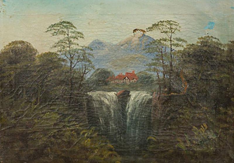 French Victorian Landscape of House by Two Waterfalls