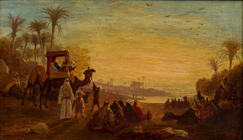 French Victorian Orientalist oil painting of an Arab caravan scene by Charles Th