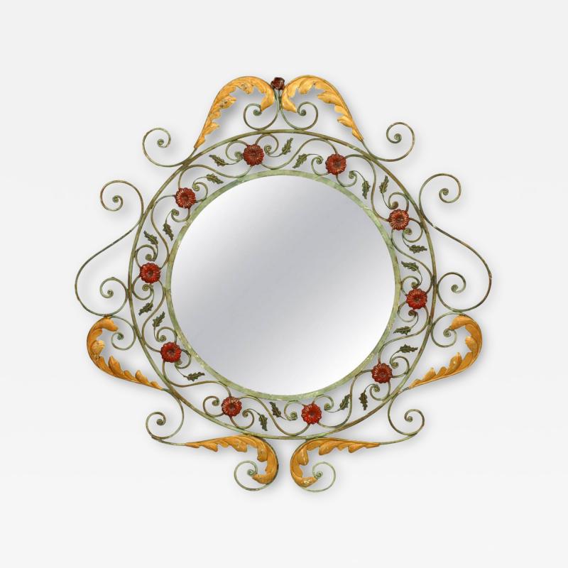 French Victorian Round Painted Wrought Iron Wall Mirror