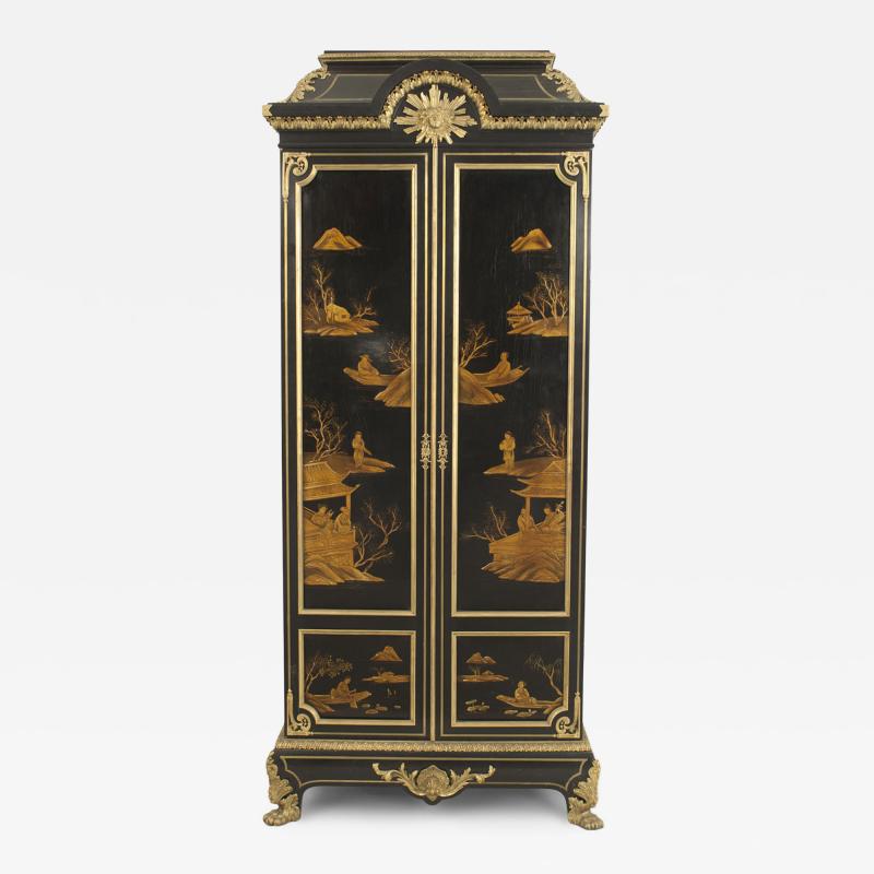 French Victorian Style Black Lacquered Chinoiserie Armoire