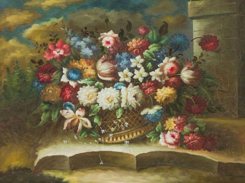 French Victorian Style Oil on Canvas Painting Titled Still Life 3 
