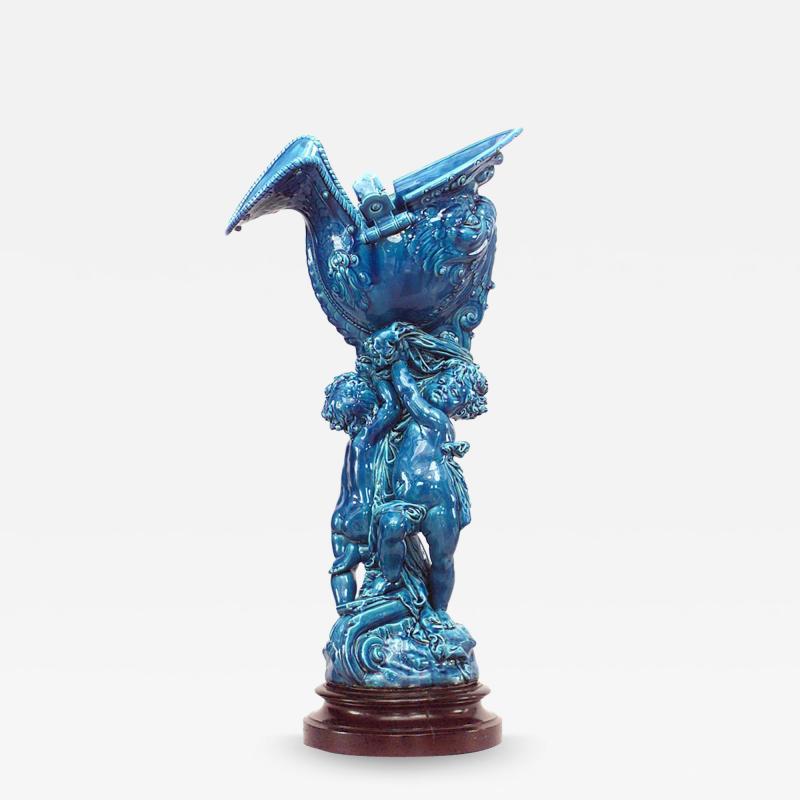 French Victorian Turquoise Sevres Porcelain Cupid Centerpiece