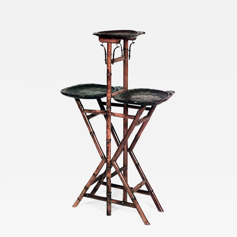 French Victorian bamboo 3 tier pedestal with carved lily pad shelves
