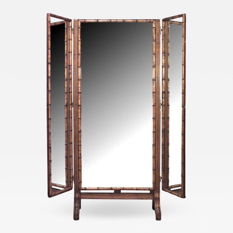 French Victorian faux bamboo maple 3 way triptych cheval mirror