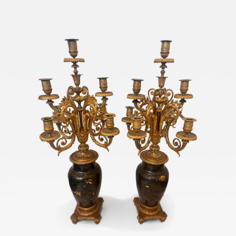 French Victorian gilt candellabra with Japanese bronze vase