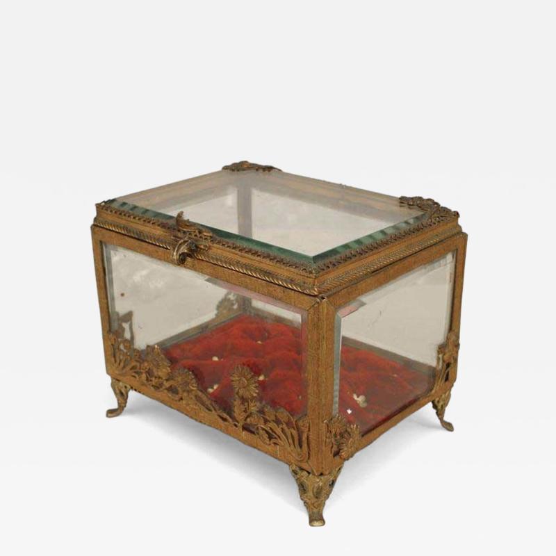French Victorian glass box with brass applied floral trim