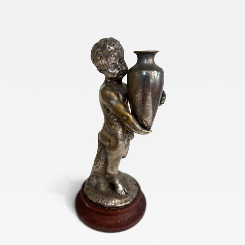 French Victorian small silver plate bronze cupid hold urn by L KLEY