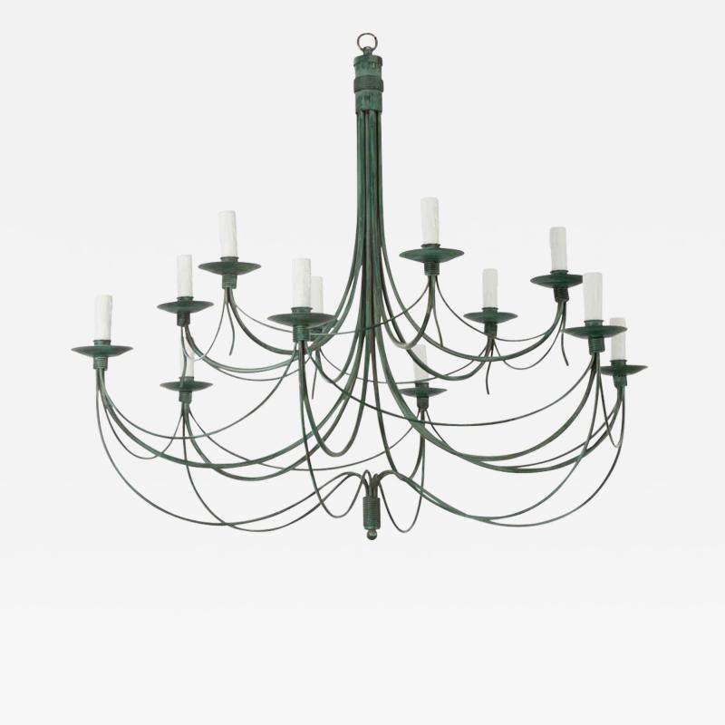 French Vintage 12 Light Metal Chandelier