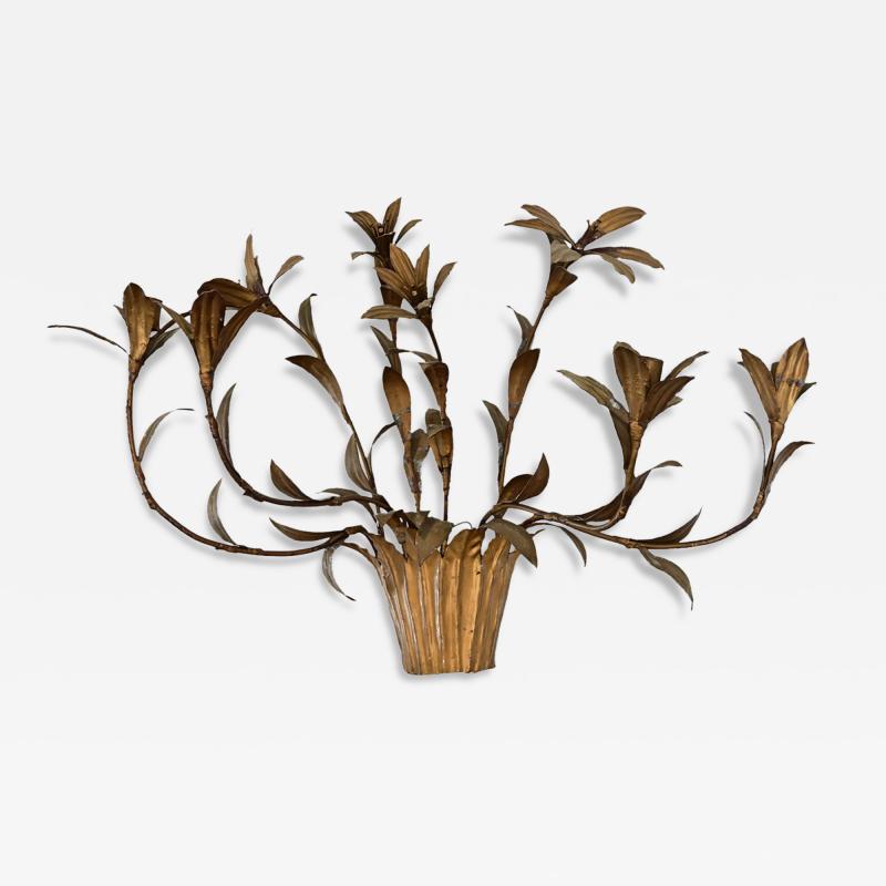 French Vintage Gilded Metal Basket of Flowers Wall Sconce