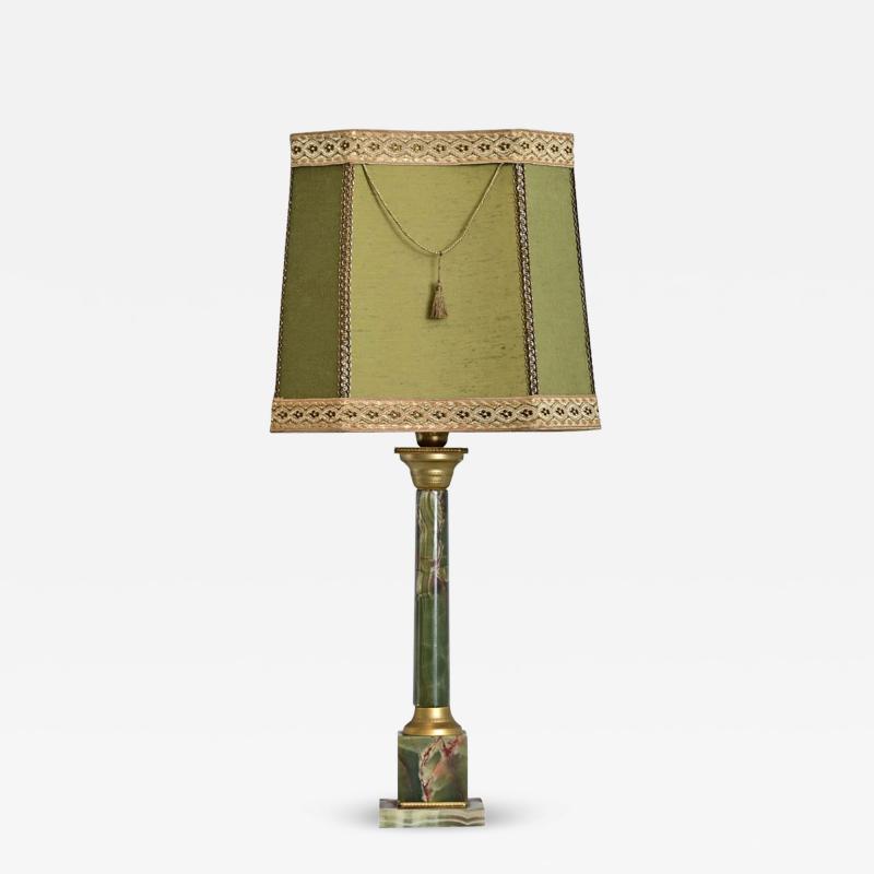 French Vintage Green Onyx Table Lamp with Custom Shade
