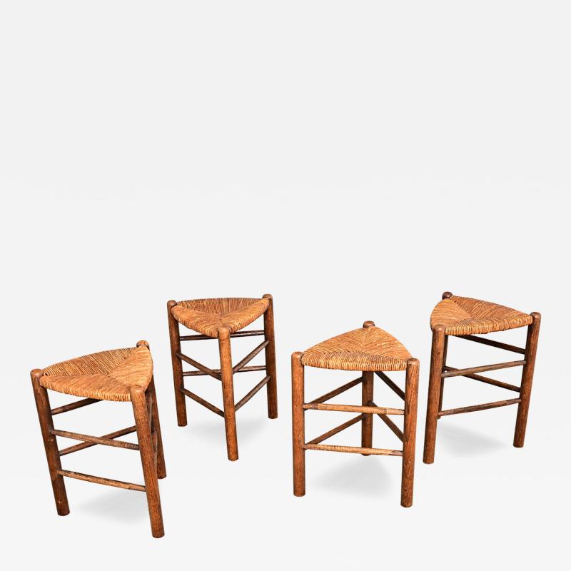 French Vintage Set of Four Oak and Rush Seat Triangular Stools