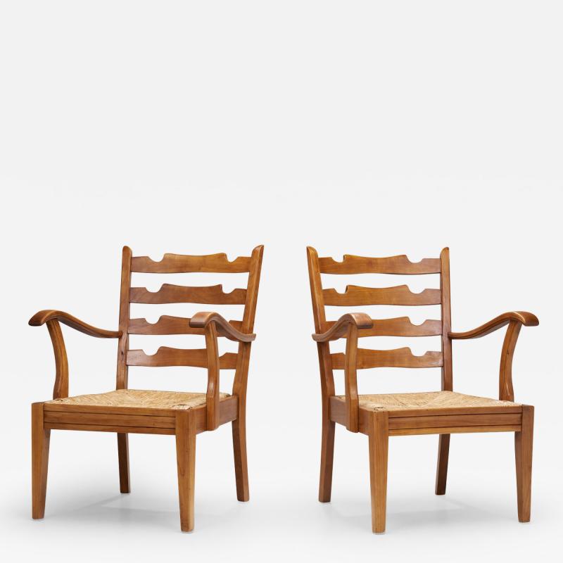 French Wooden Chairs with Seats of Woven Papercord France 1950s