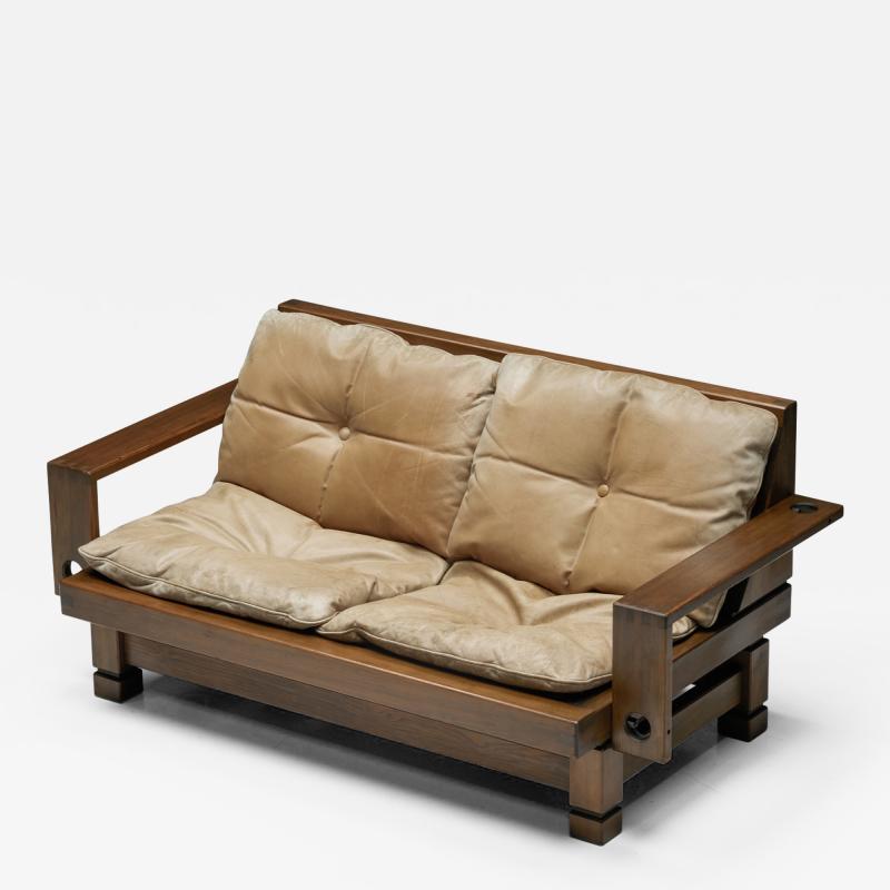 French Wooden Two Seater with Leather Cushions 1960s