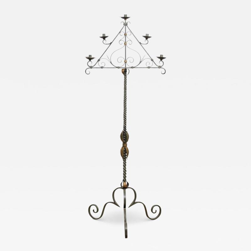 French Wrought Iron Five Light Candelabra with Celadon Lacquer and Gilt Accents