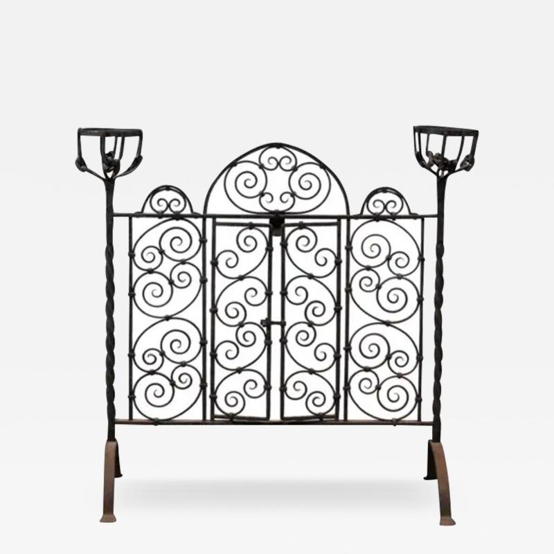 French Wrought Iron Freestanding Firescreen with Warming Holders circa 1880