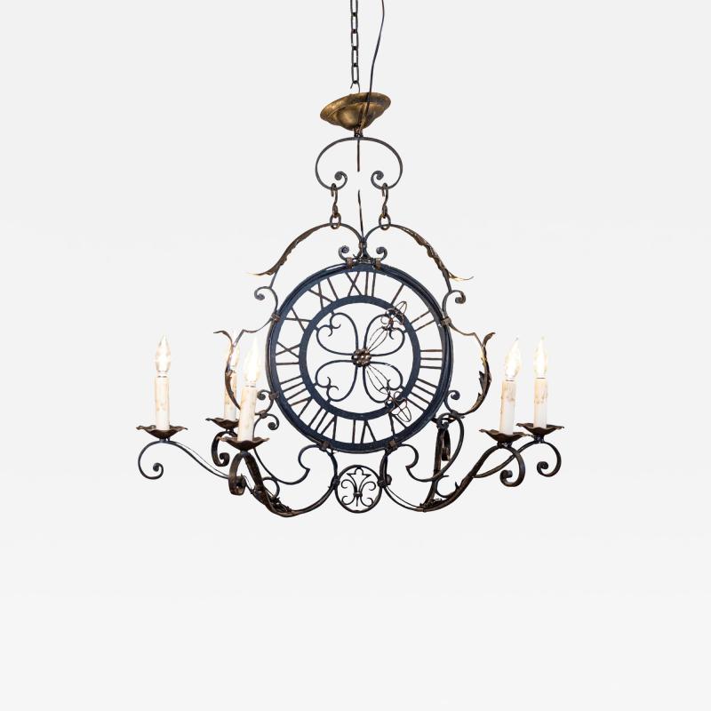 French Wrought Iron Six Light Clock Face Chandelier with Scrolling Arms