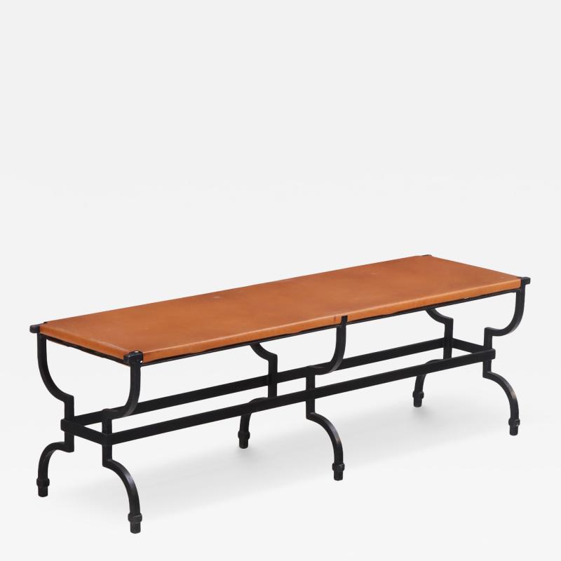 French Wrought Iron and Leather Bench C 1980 