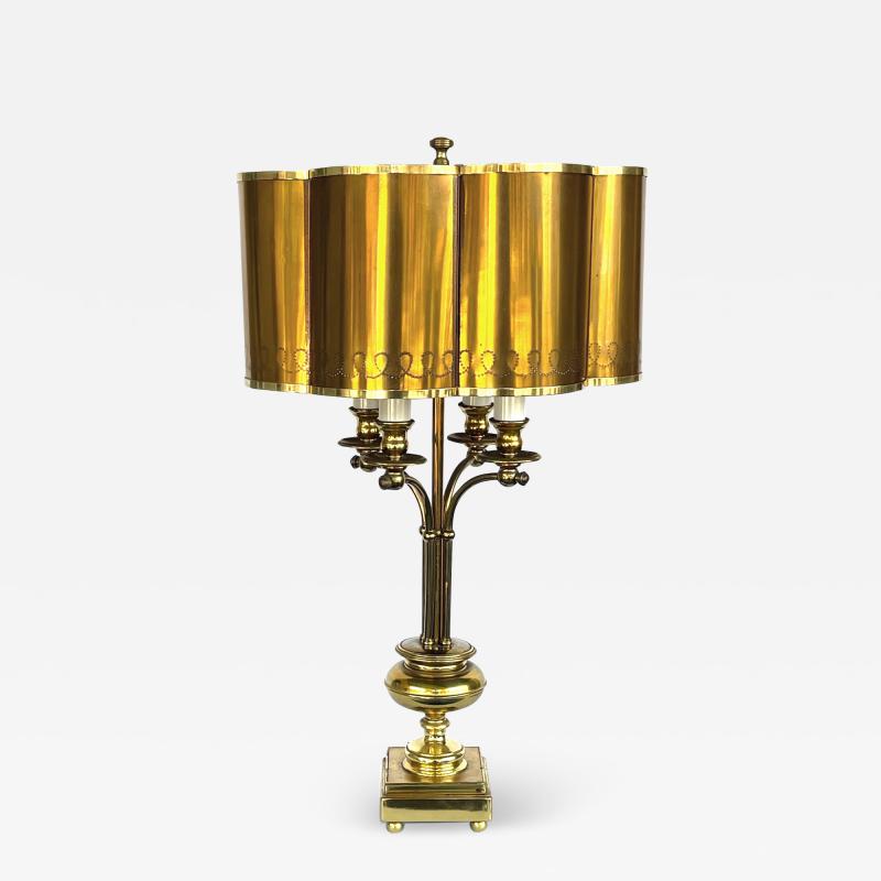 French brass 4 l8ght bouillotte lamp with original scalloped brass shade