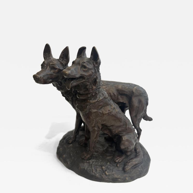 French bronze group of two dogs with one sitting signed Laplanche 