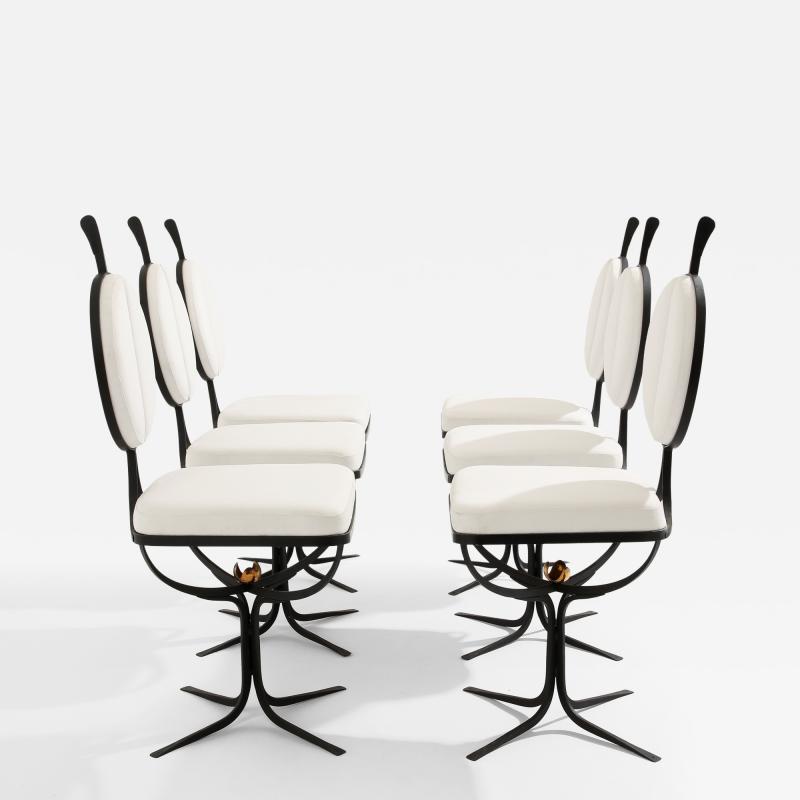 French brutalist wrought iron alcantara set of 6 chairs 1990