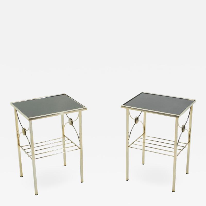 French gilded metal and black opaline glass end tables 1960s