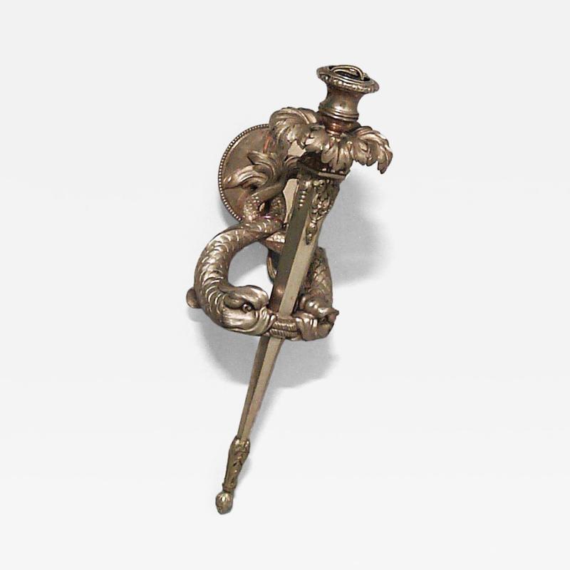 French gilt bronze single arm wall sconces with double dolphin and torch design
