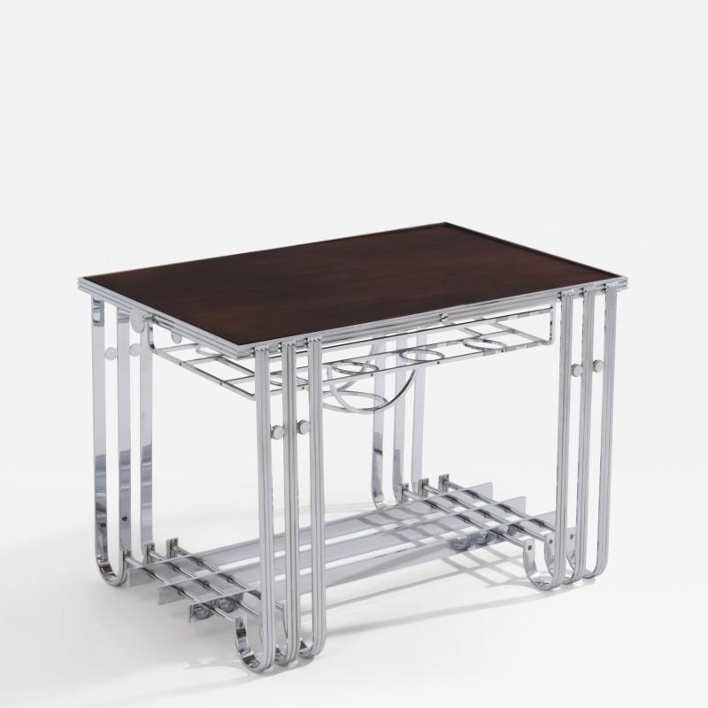 French modernist walnut boat bar table nickel plated 1930s