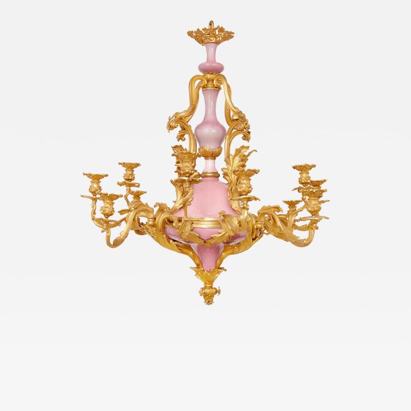 French ormolu and pink porcelain twelve light chandelier