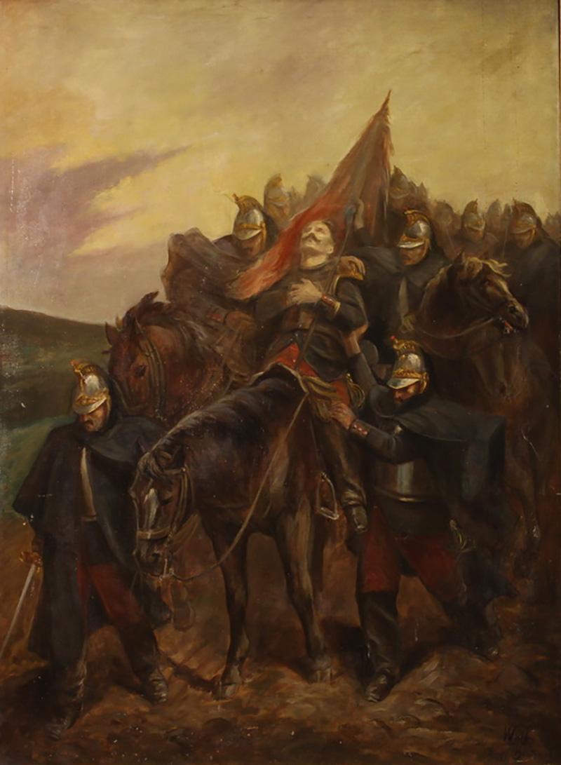 French painting with soldiers and horses from the 19th century