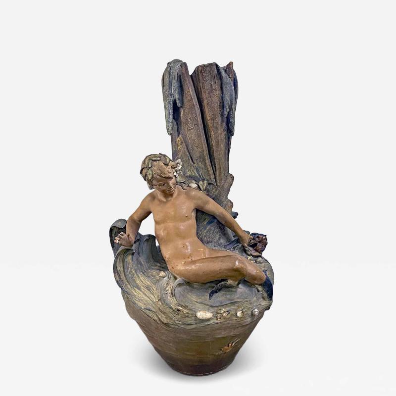 Friedrich Goldscheider Merman and Dolphin Ceramic Vase 