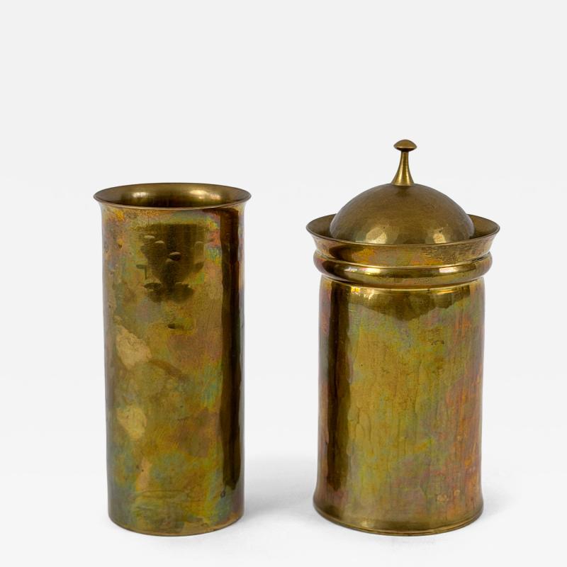 Friedrich Marby Set of Two Bauhaus Hand Hammered Brass Lidded Box Vase by Friedrich Marby 1925