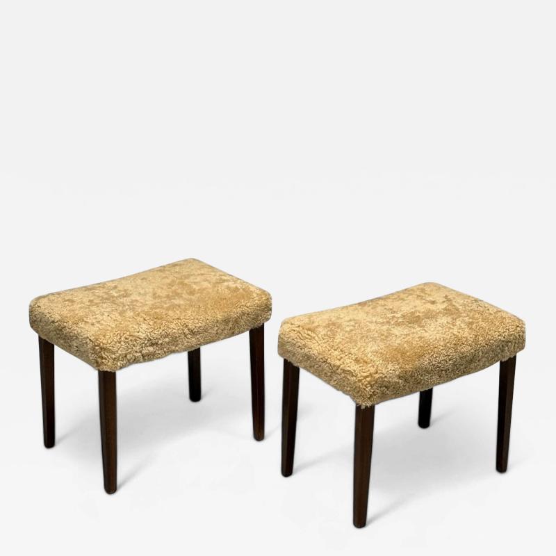 Frits Henningsen Danish Mid Century Modern Ottomans Honey Shearling Mahogany Denmark 1950s