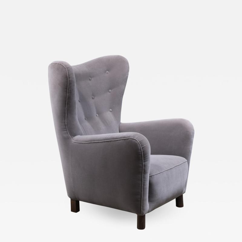 Fritz Hansen Fritz Hansen High Wingback Grey Velour Lounge Chair Denmark 1940s
