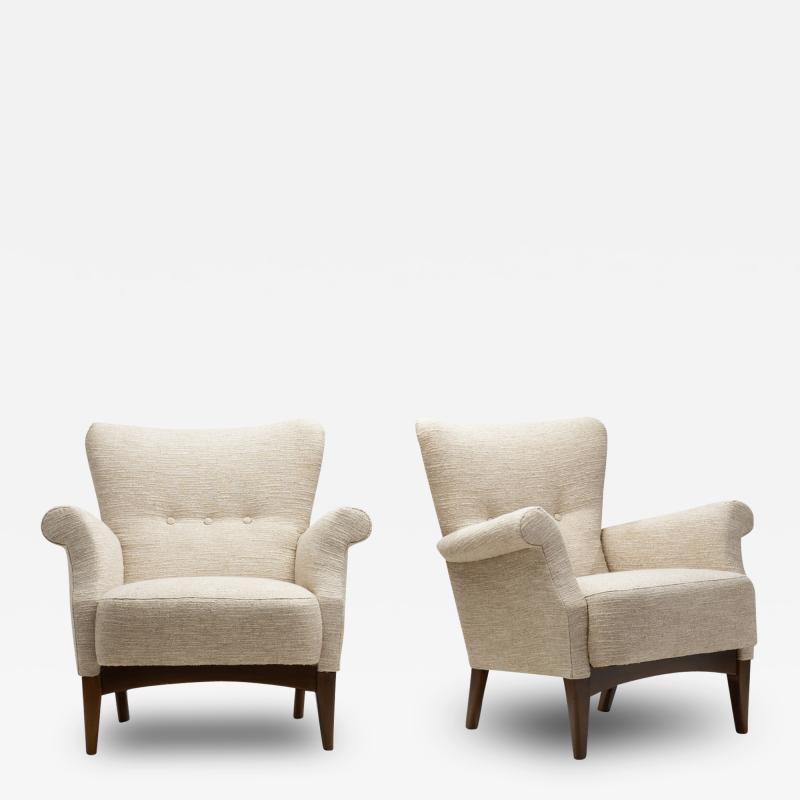 Fritz Hansen Fritz Hansen Upholstered Armchairs with Rolled Arms Denmark ca 1940s