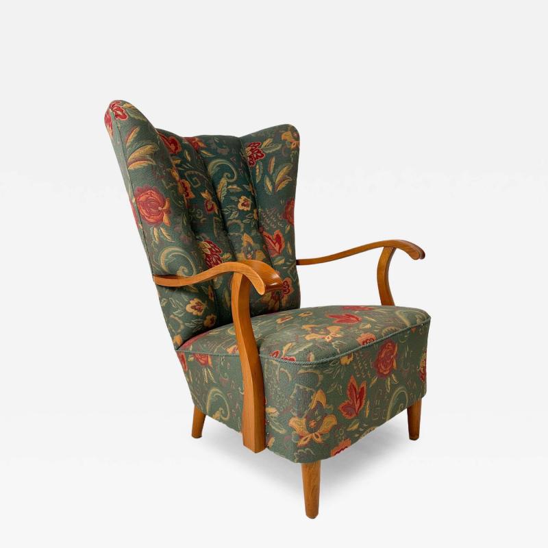 Fritz Hansen Swedish High Back Lounge Chair With Floral Upholstery 1950s
