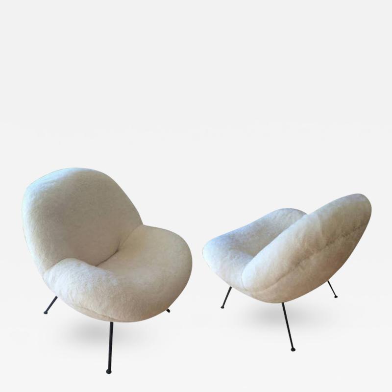 Fritz Neth Fritz Neth Spectacular Pair of Egg Chairs Reupholstered in Ecru Faux Fur