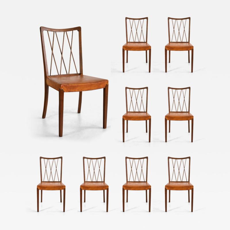 Frode Holm Set of Eight Frode Holm Dining Chairs Walnut and Leather Illum Denmark 1940s