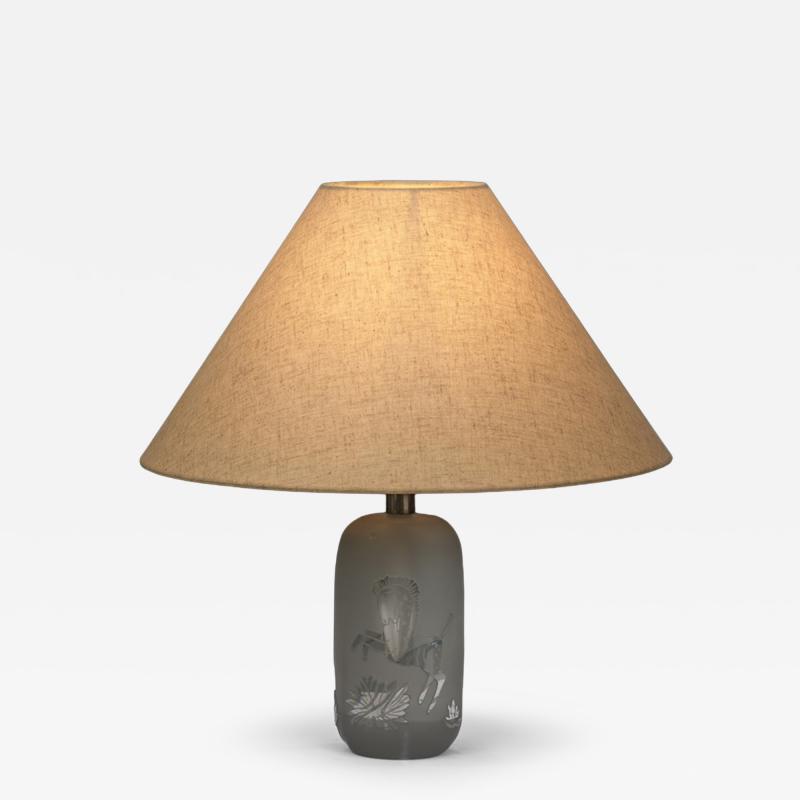 Frosted Glass Table Lamp with Horse Decoration Sweden 1930s