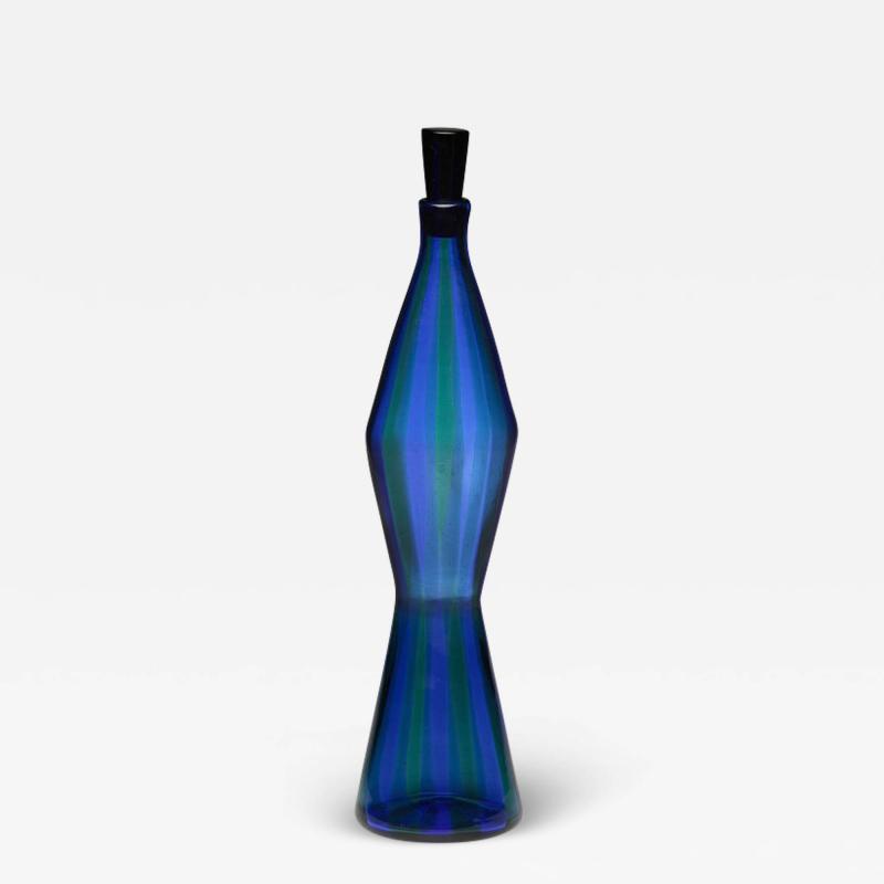 Fulvio Bianconi GLASS BLUE AND GREEN FASCE VERTICALI BOTTLE BY FULVIO BIANCONI FOR VENINI