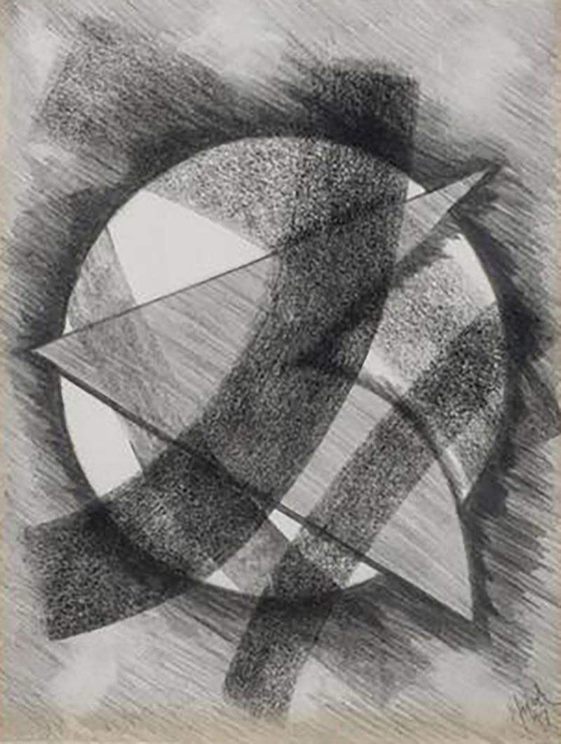 Futurist Abstract Drawing Fortunate 98 in Pencil and Charcoal 1997