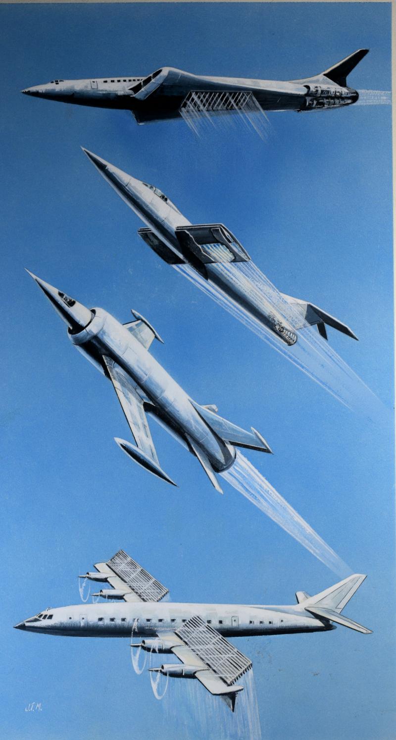 Futuristic Airplanes Original Watercolor Advertising Art