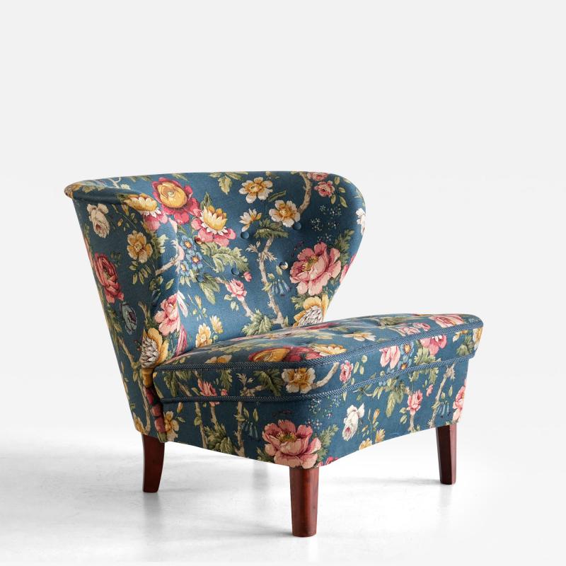 G sta Jonsson G sta Jonsson Lounge Chair in Floral Fabric and Birch Sweden 1940s