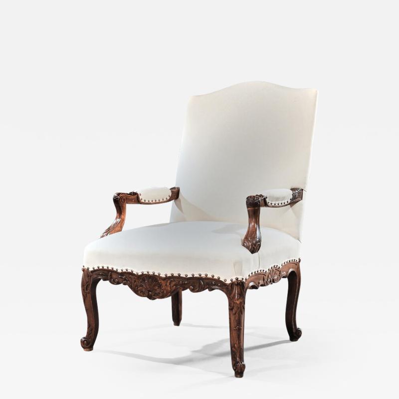 GENEROUS FRENCH 19TH CENTURY CARVED OPEN ARMCHAIR FAUTEUIL