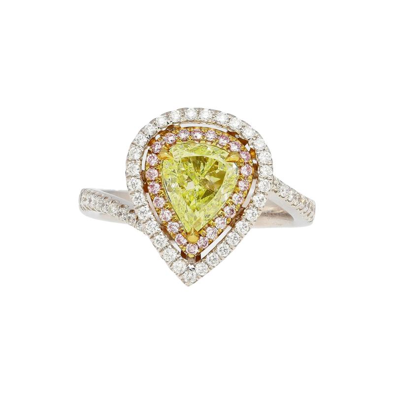 GIA 1 25CT Pear Cut Fancy Green Yellow Diamond 18K Tri Colored Gold Bypass Ring