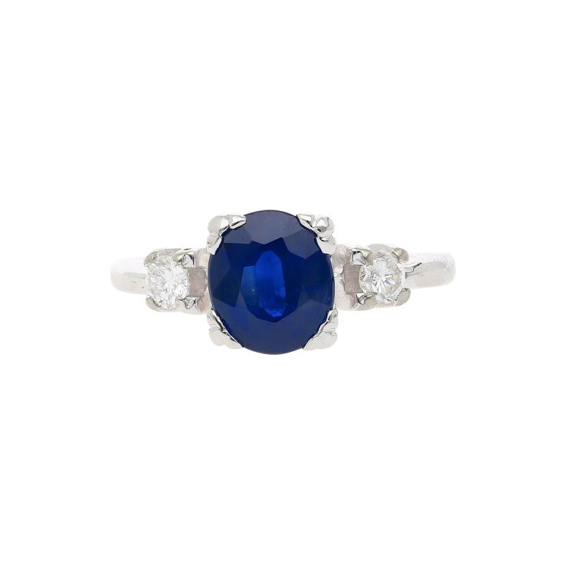 GIA Cert 1 85 Carat Oval Blue Sapphire Diamond 14K White Gold 3 Stone Ring