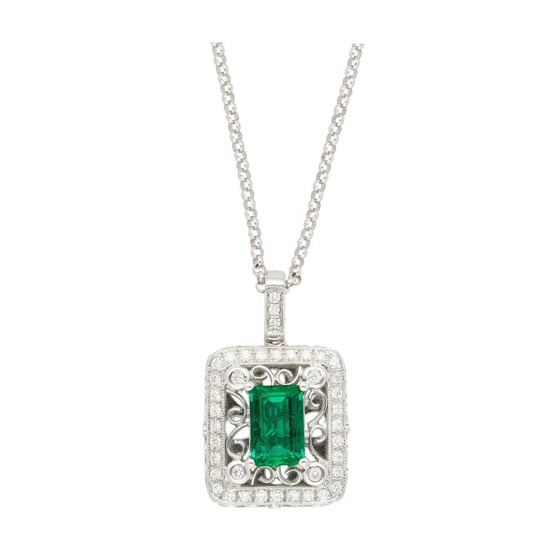 GIA Certified 1 39 Carat Zambian Emerald and Diamond Floral Box Pendant Necklace